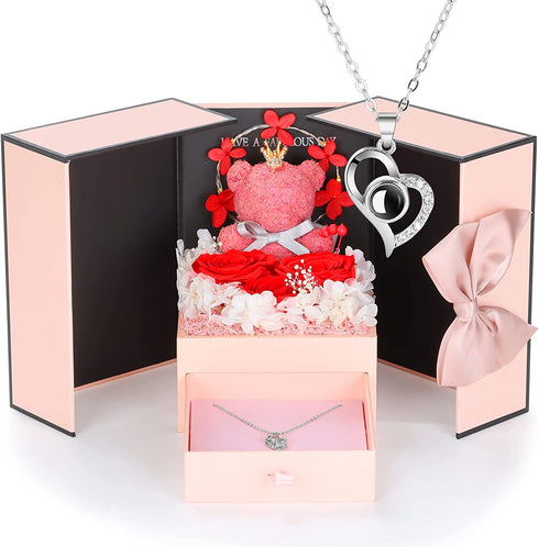 Rose with Moss Bear Figurine with LED Light & 925 Sterling Silver Heart Shaped Necklace